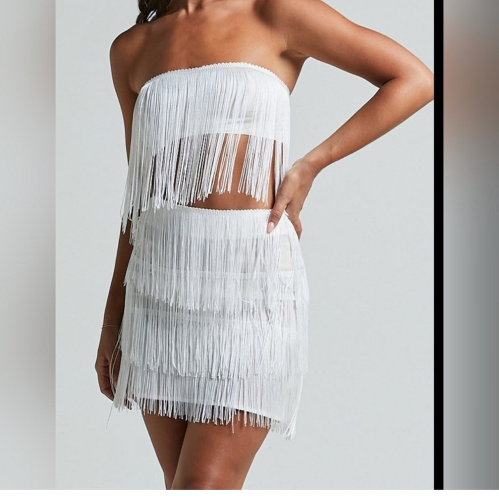 Sincerely Jules Fully Fringe Top and Skirt Set in White